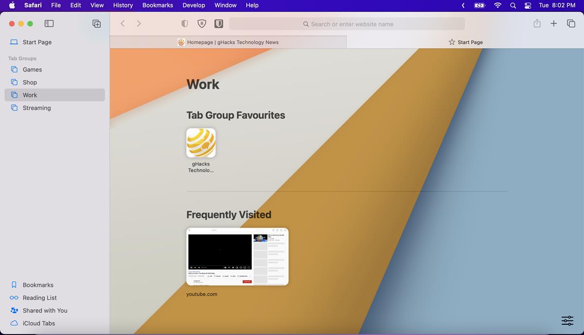 Apple Safari 16 Tab Groups Start Page