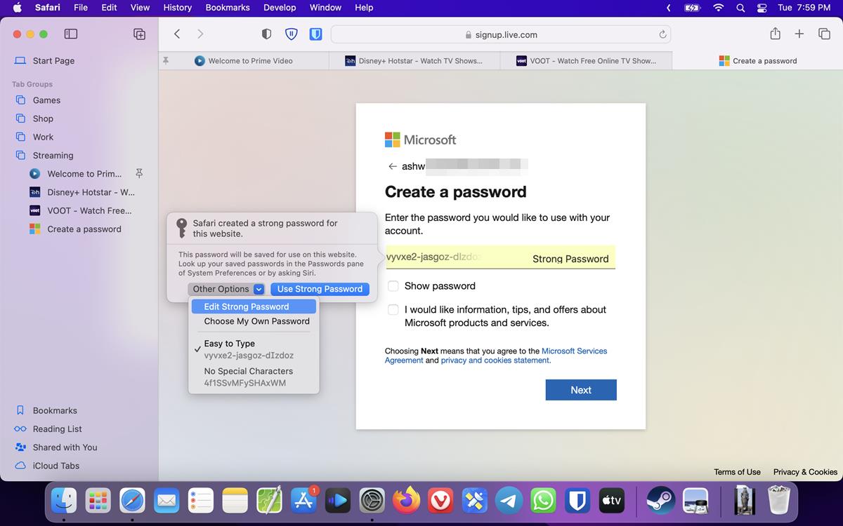 Apple Safari 16 edit strong password