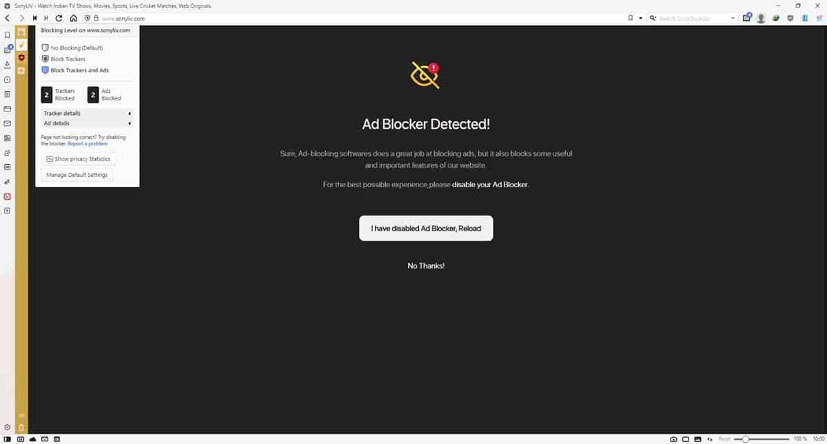 Vivaldi ad blocker detected