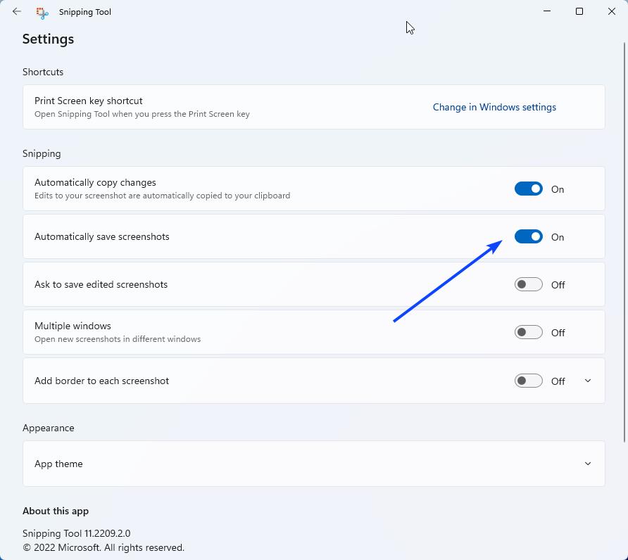 windows 11 snipping tool disable auto save screenshots