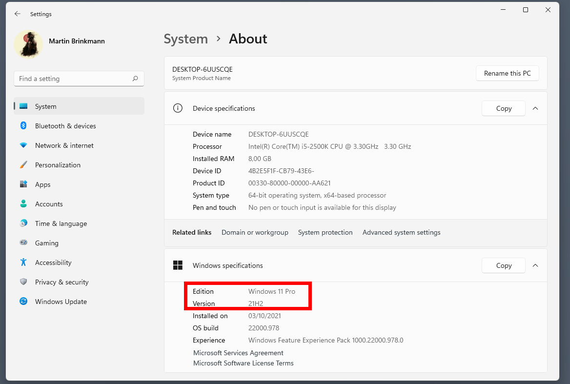 windows 11 version settings