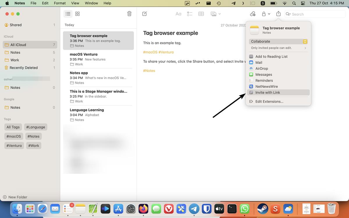macOS 13 Ventura Notes app Invite with link