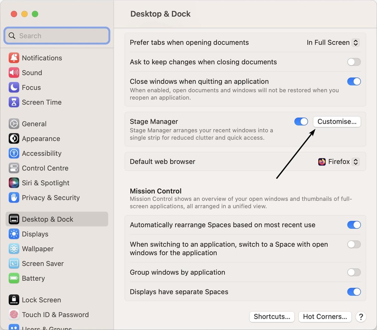 Stage Manager settings in macOS 13 Ventura - Customize