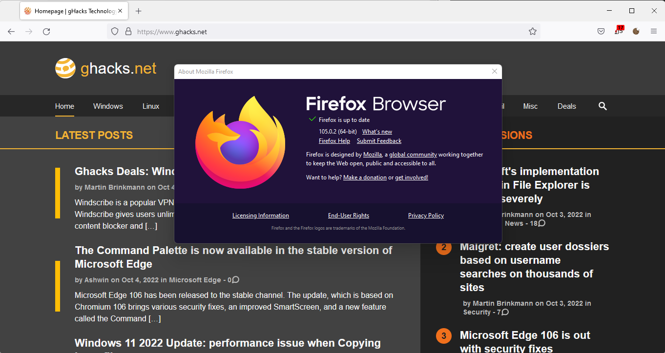 Firefox 105.0.2 fixes 5 different issues in the browser