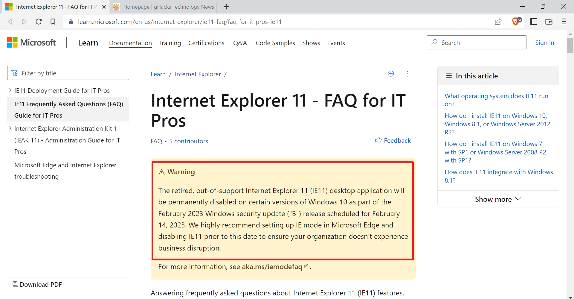 O que acontece se eu desligar o Internet Explorer 11?