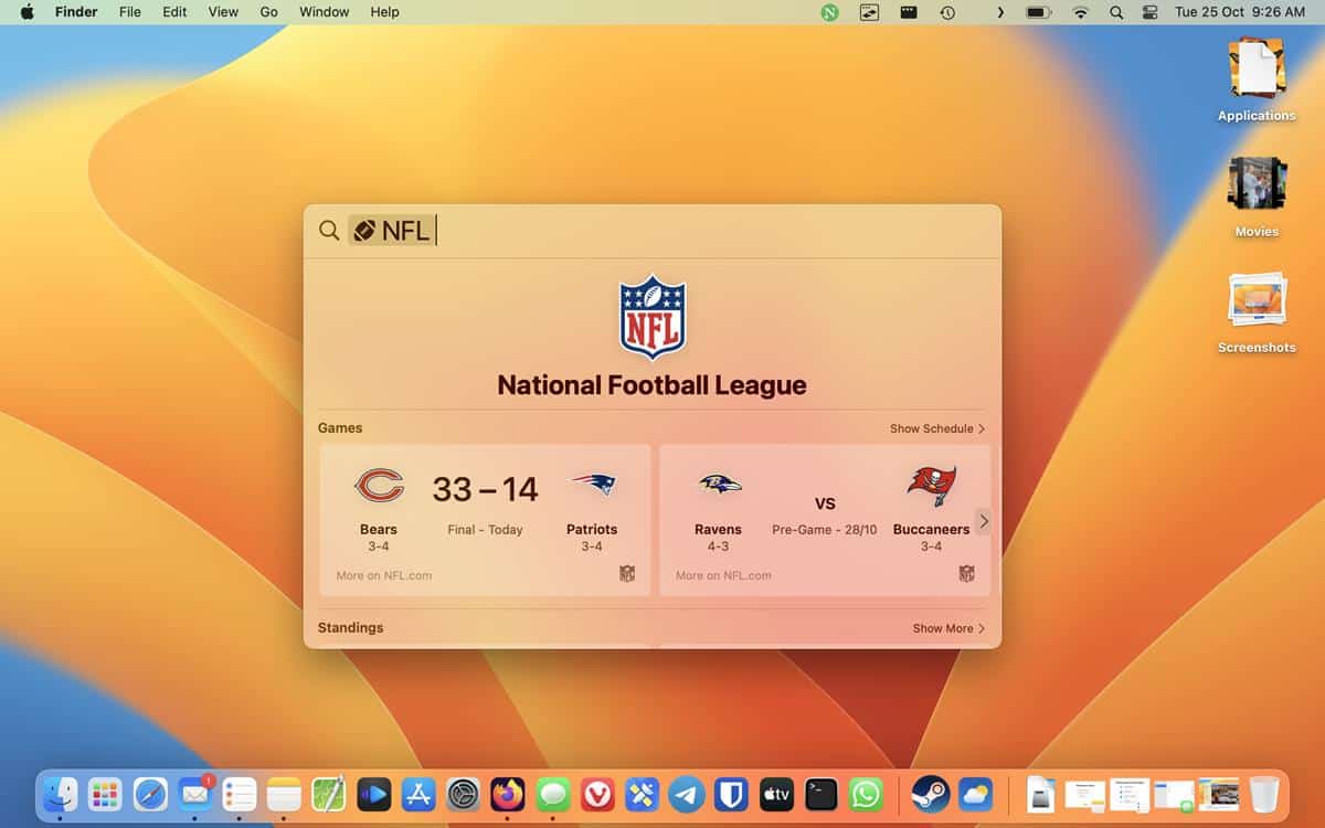 macOS 13 Spotlight - Sports Scores