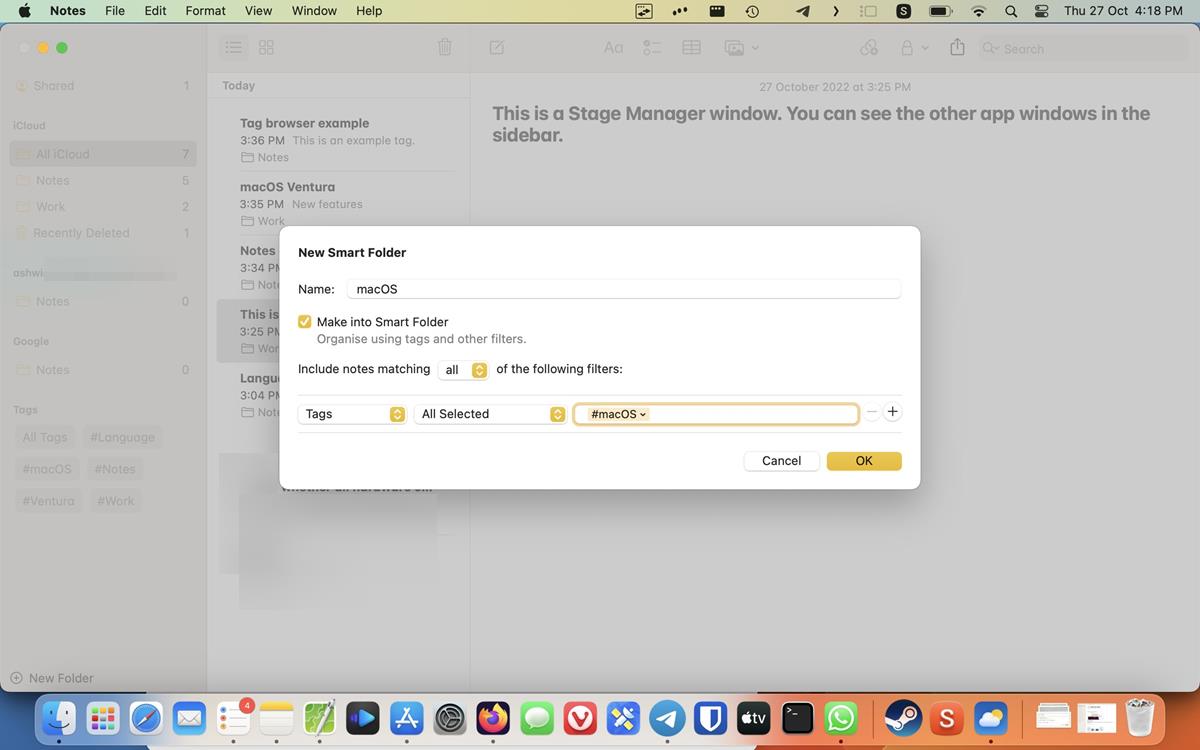 macOS 13 Ventura Notes app create a smart folder