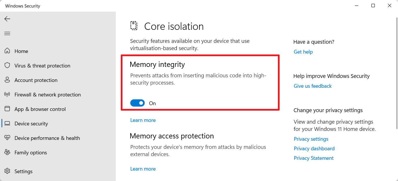 window 11 core isolation