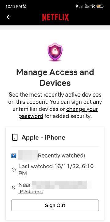 Netflix Manage Access and Devices phone
