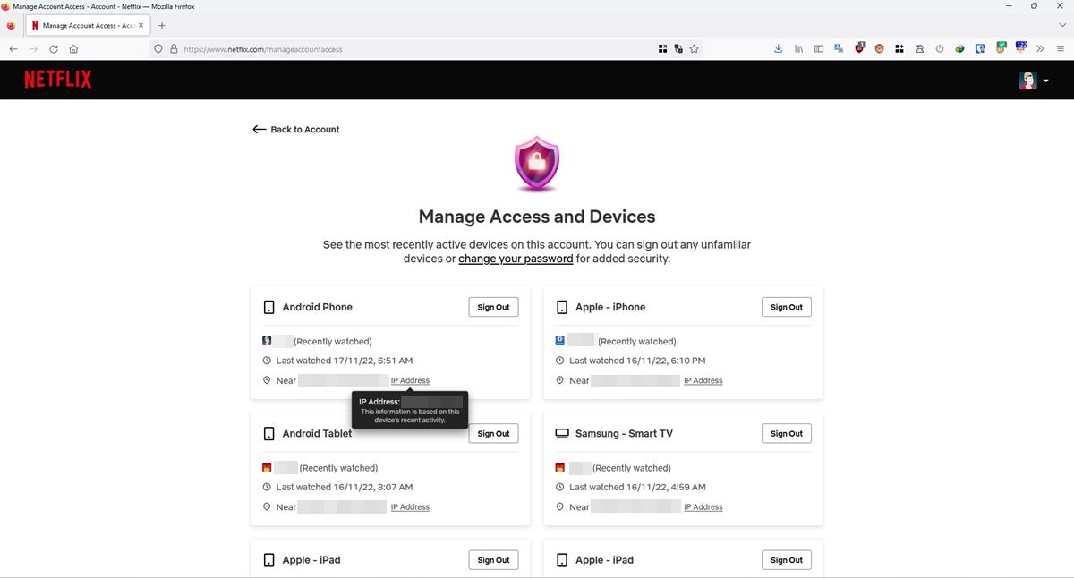 Netflix Manage Access and Devices sign out