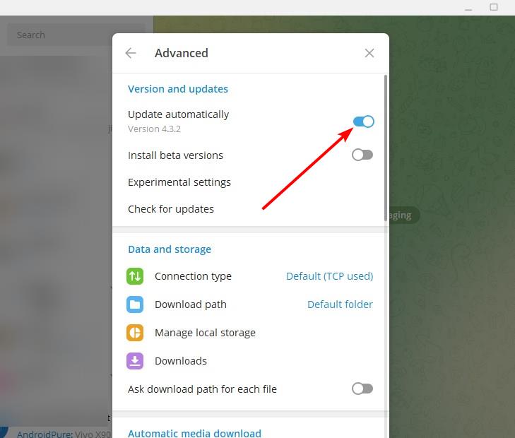 Telegram for desktop disable automatic updates