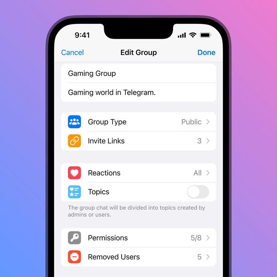 Telegram update brings topic to group