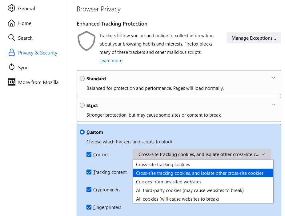 Total Cookie Protection in Firefox desktop