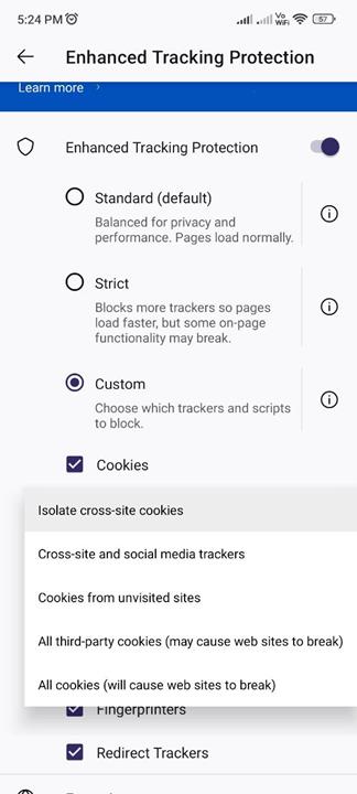 Protezione totale dei cookie in Firefox nightly per Android