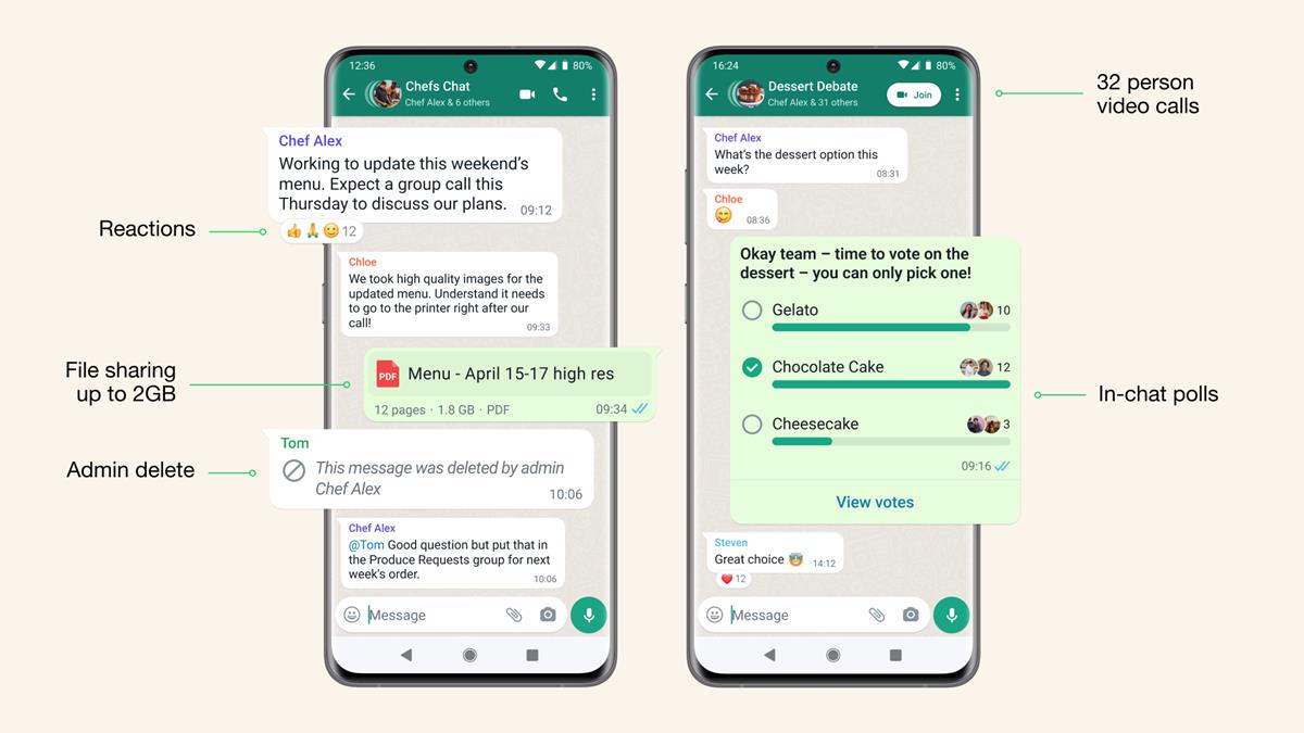 WhatsApp Communities in-chat polls 32 person video calls