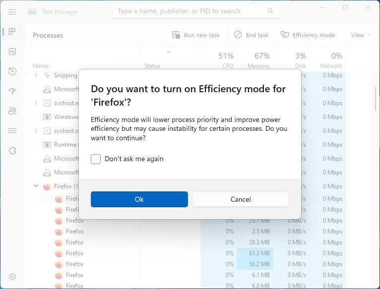 Modalità di efficienza di Task Manager di Windows 11 Beta