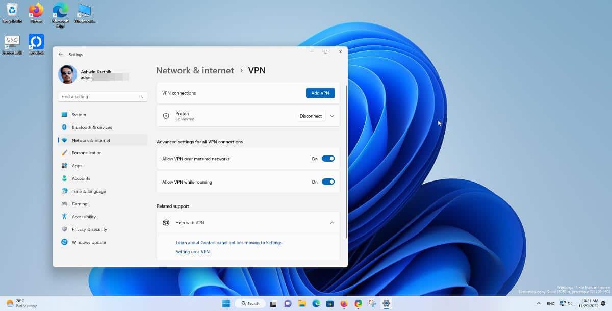 Windows 11 Insider Preview Build 25252 adds a VPN status indicator on the system tray