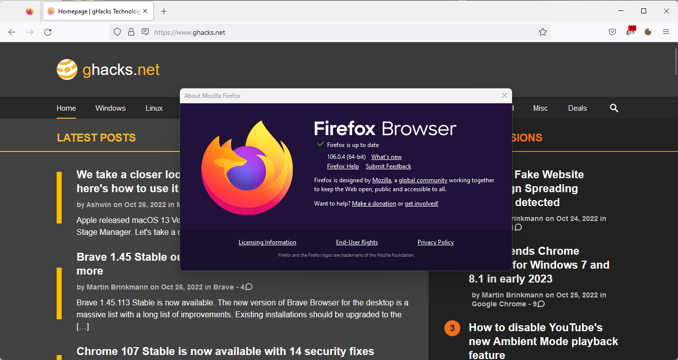 Firefox 106.0.4 fixes crashes in the browser