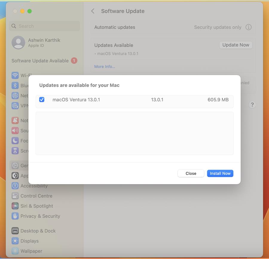 macOS Ventura 13.0.1 update