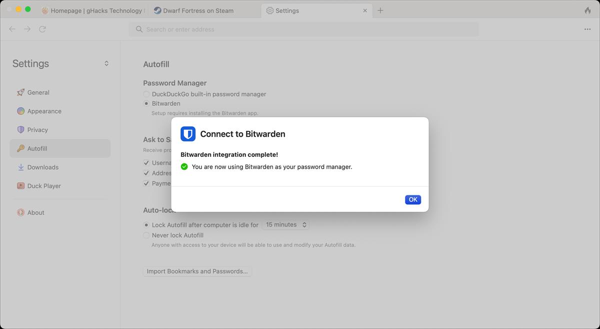 DuckDuckGo's browser for Mac Bitwarden Password Manager