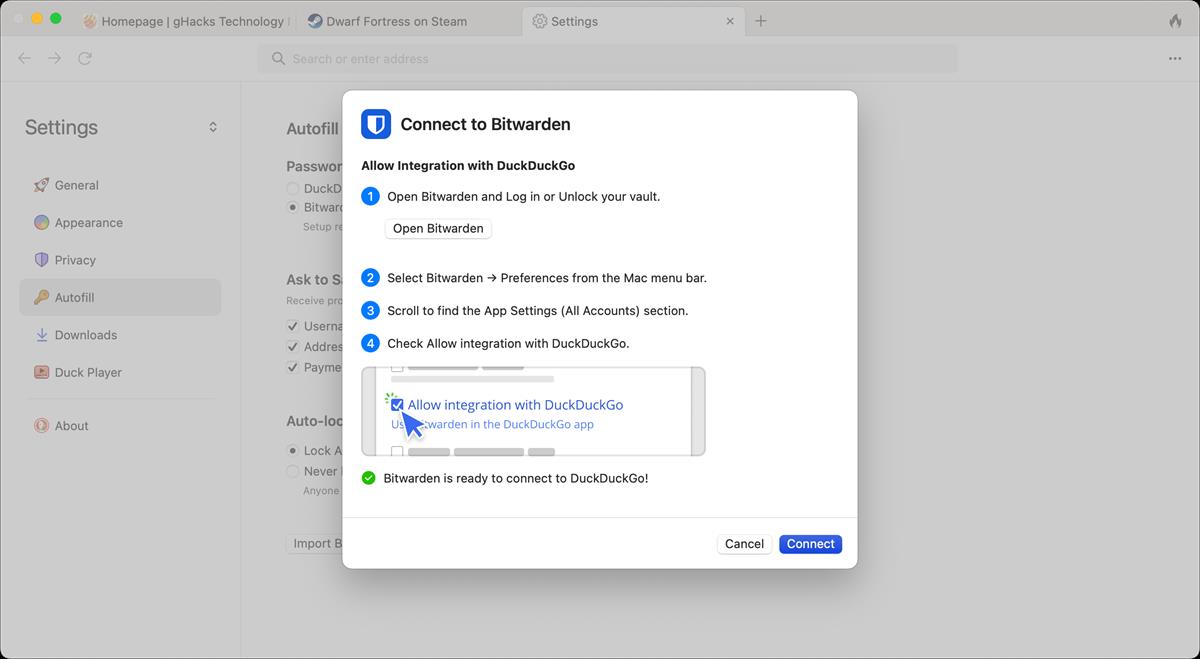 How to enable Bitwarden as the default autofill option in DuckDuckGo for Mac