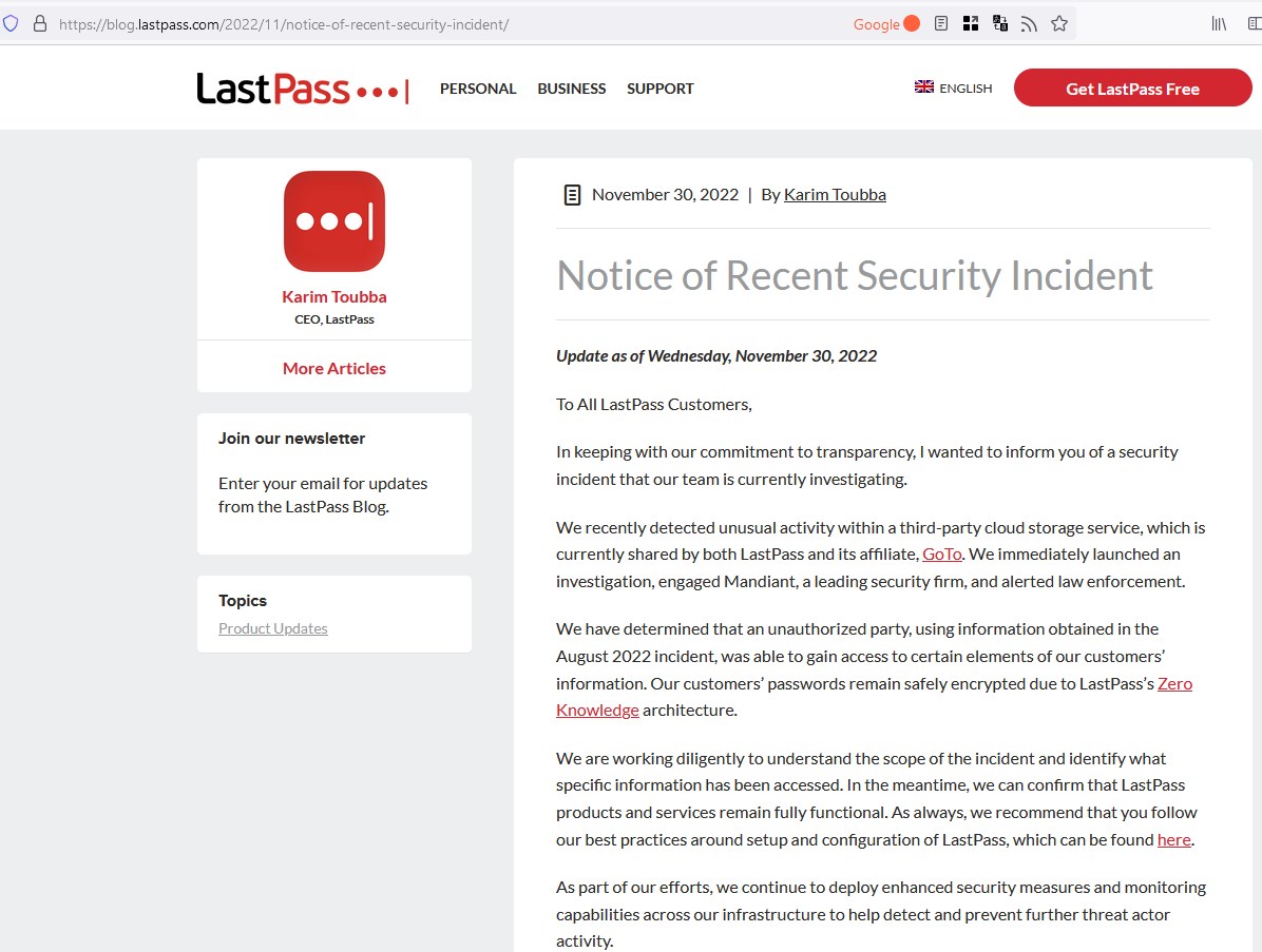 LastPass suffers another data breach, says customer data was stolen