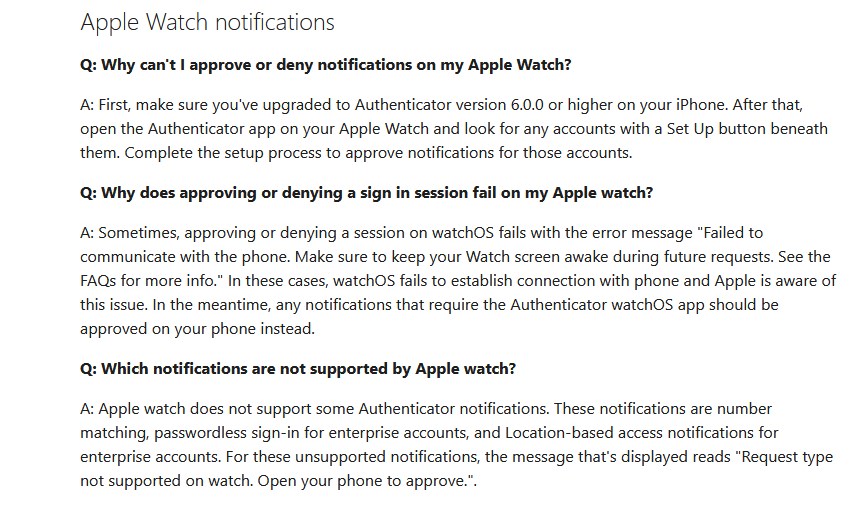 Limitations in Microsoft Authenticator for watchOS