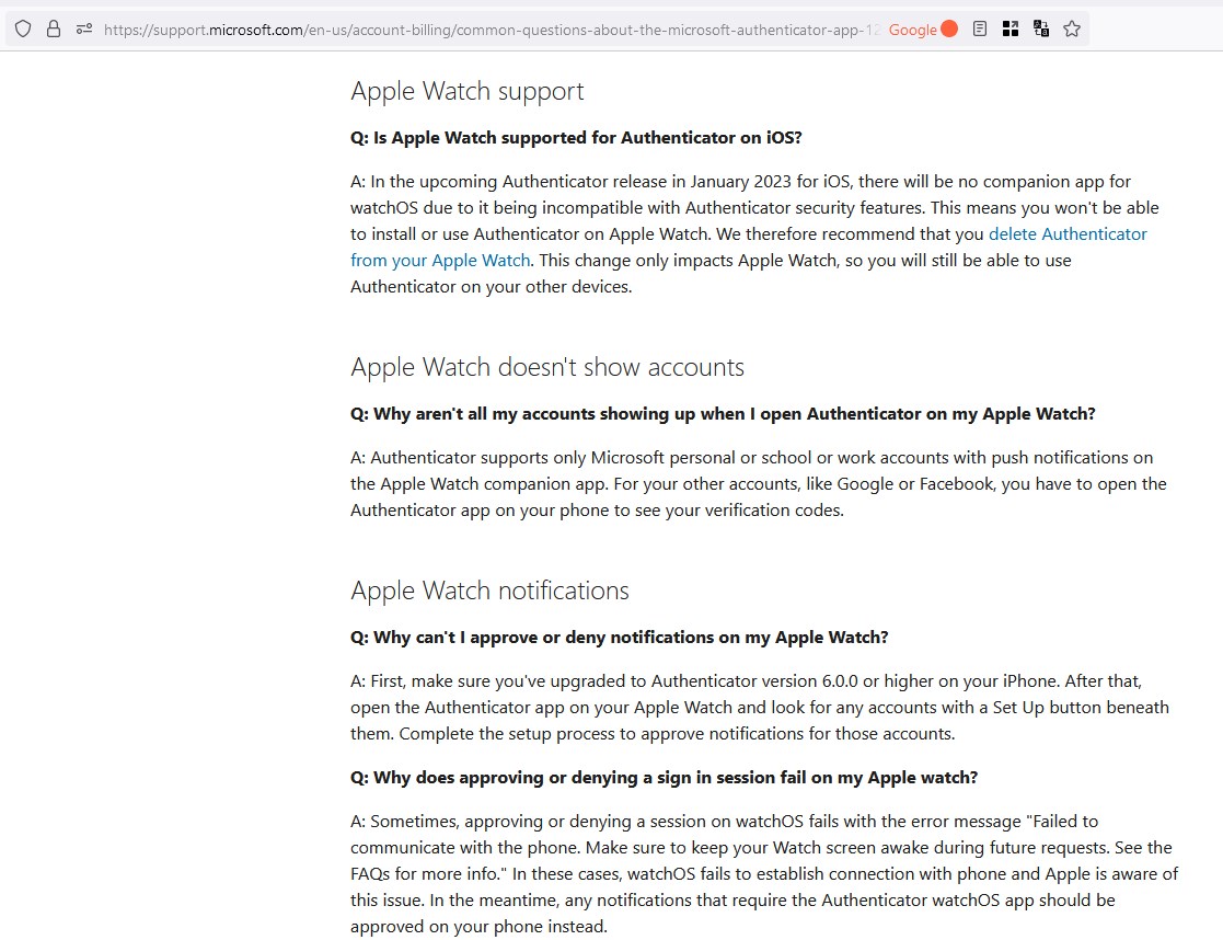 Microsoft Authenticator for watchOS is being discontinued