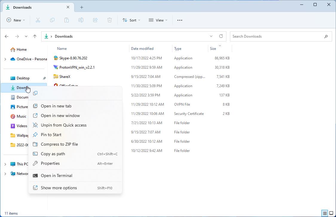 New context menu in Windows 11's File Explorer's left pane