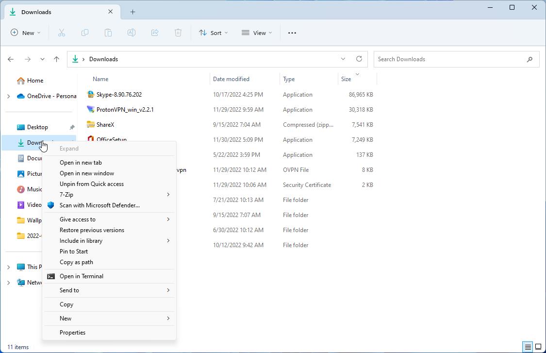 Old context menu in Windows 11's File Explorer's left pane