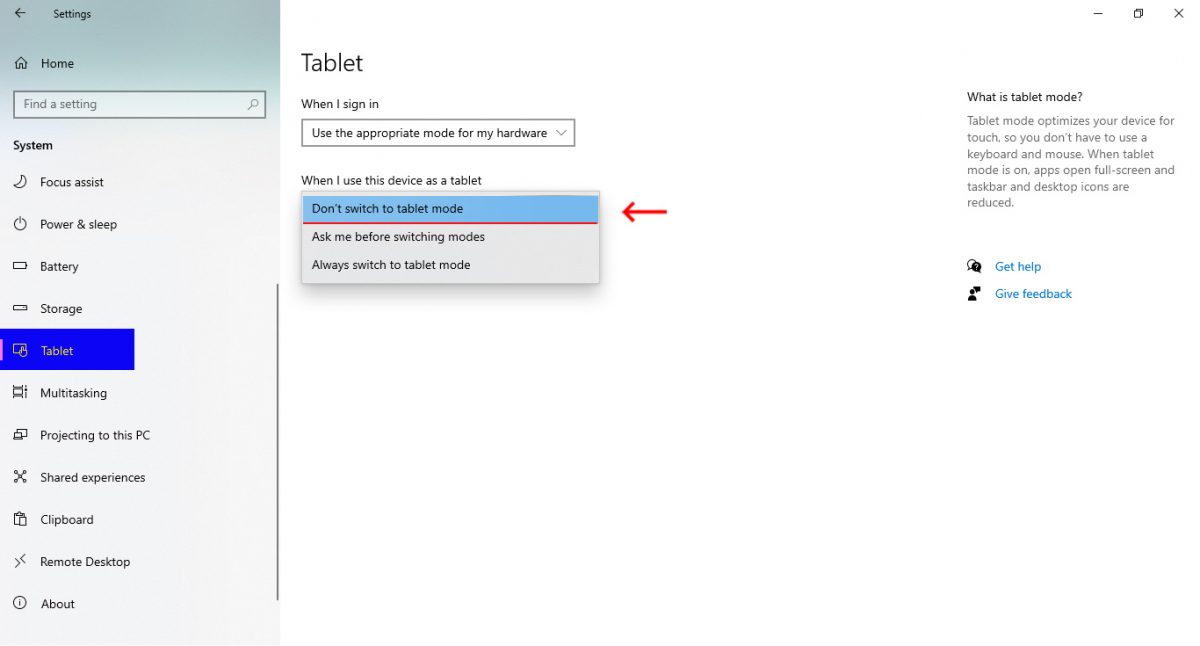 Modalità tablet Windows 10 Commutazione manuale