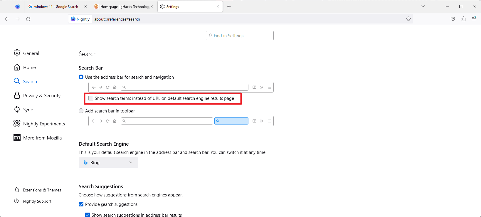 firefox show search url