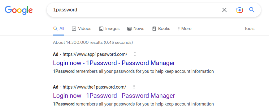 Two 1Password Phishing Ads on Google Search