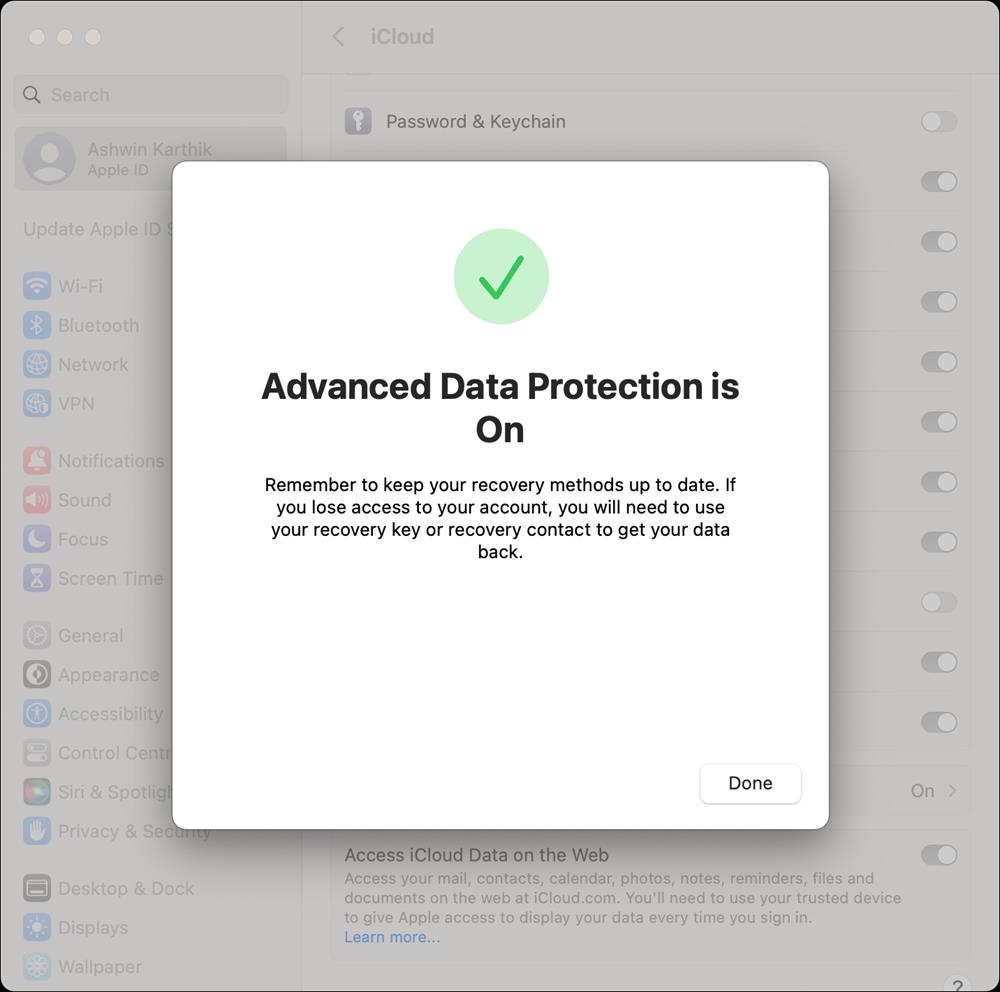 Advanced Data Protection enabled in macOS 13 Ventura