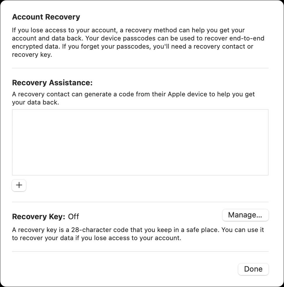 Advanced Data Protection in macOS 13 Ventura - account recovery
