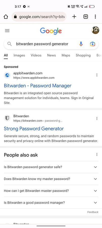 Bitwarden password manager malicious ad google search result