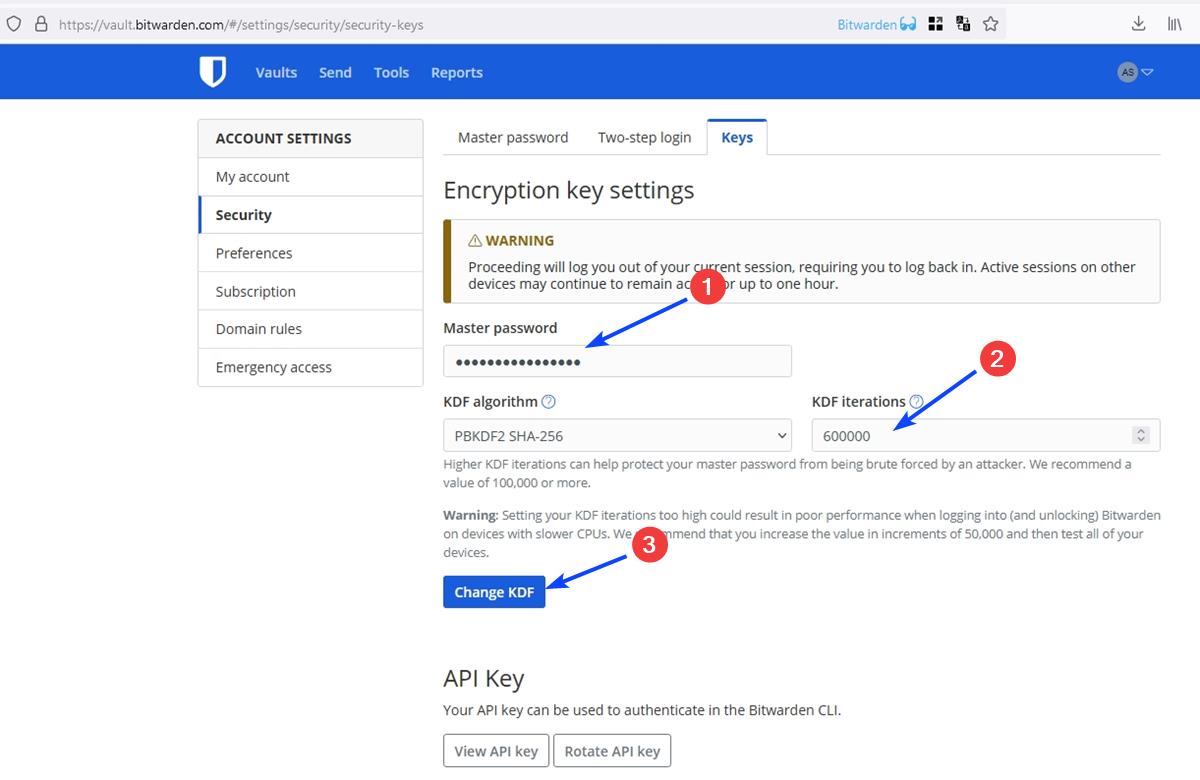 How to change the KDF iterations count in Bitwarden Password Manager