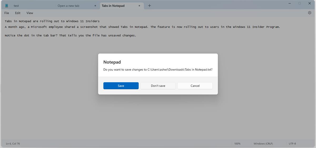Notepad windows 11 unsaved tabs prompt