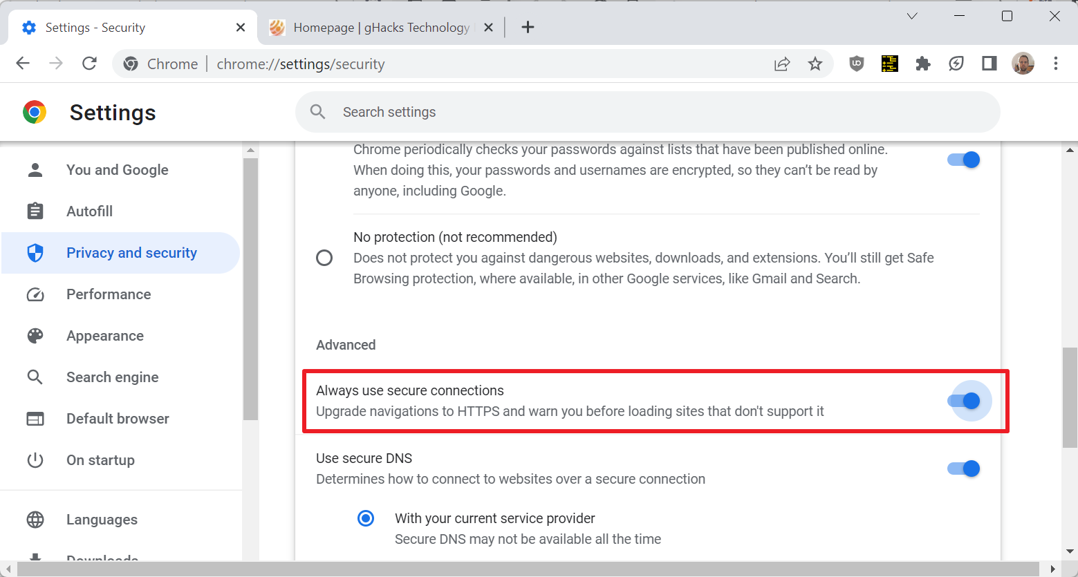 Google Chrome: block insecure downloads option in development