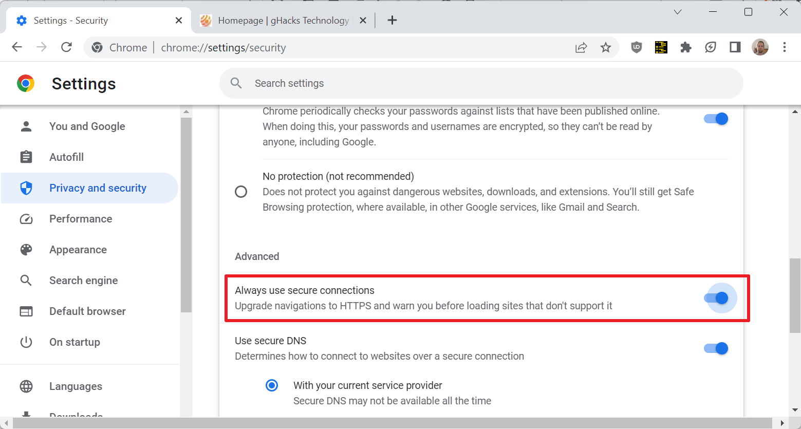 google chrome always use secure connection