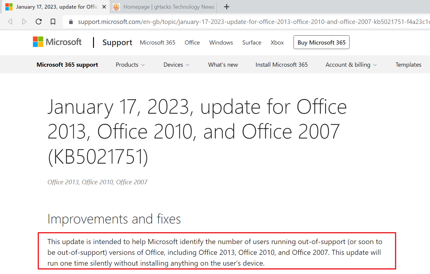 KB5021751 notifies Microsoft if an unsupported Office version is installed on Windows