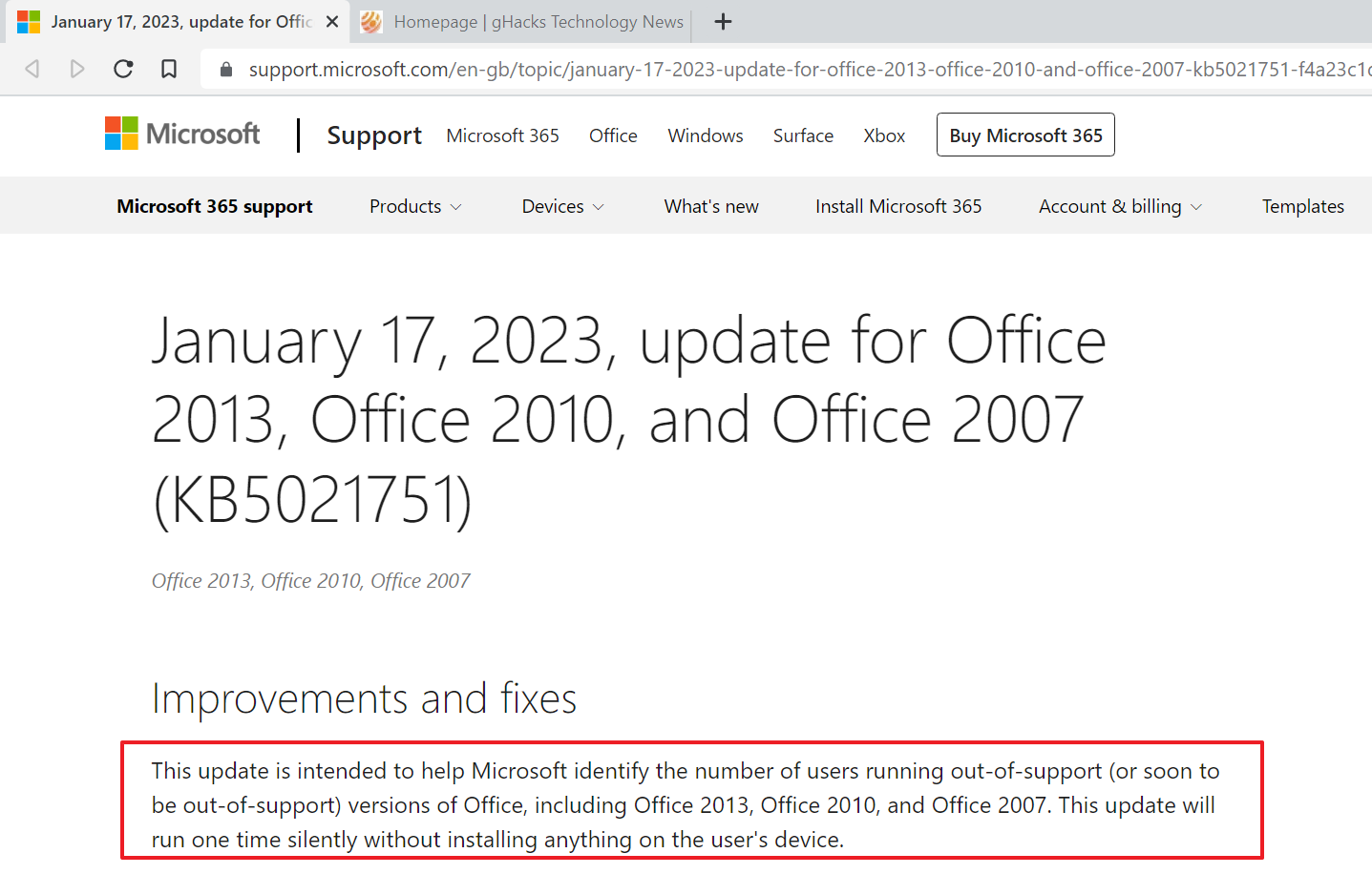 KB5021751 Notifies Microsoft if an Unsupported Office version is installed  on Windows - gHacks Tech News