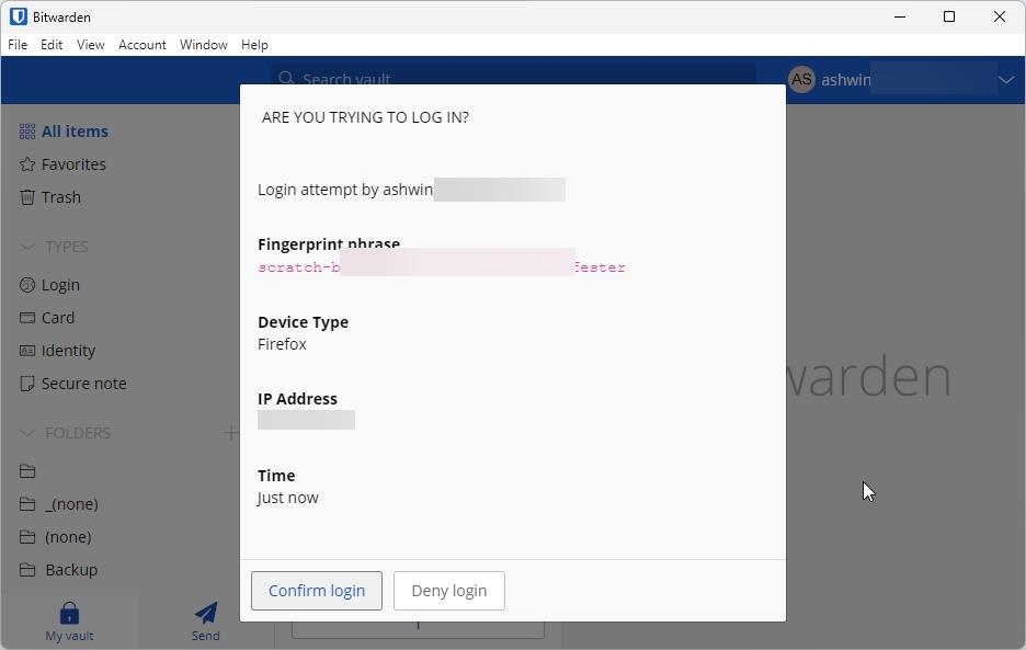 Bitwarden passwordless login fingerprint phrase confirm or deny login