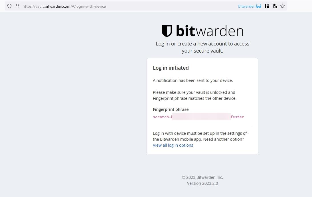 Bitwarden passwordless login fingerprint phrase login request