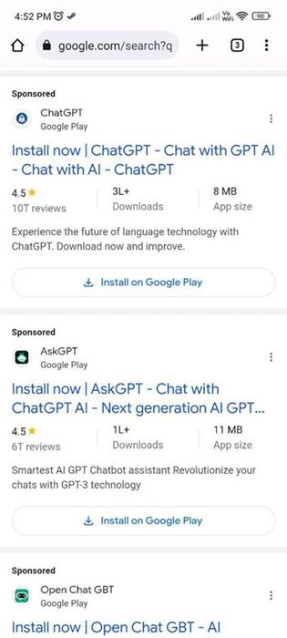Google search result displays ads for fake ChatGPT apps on Play Store