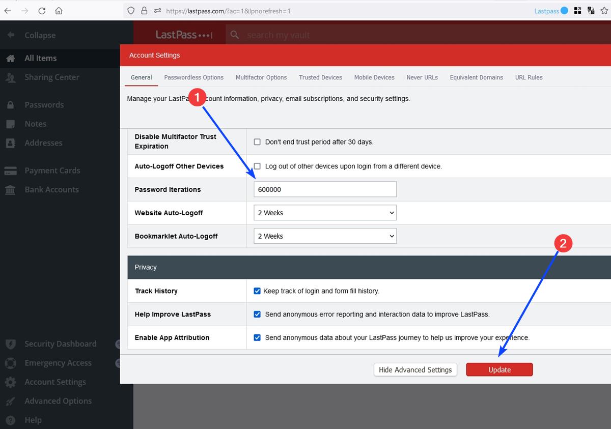 How to change the server-side iterations in LastPass Password Manager