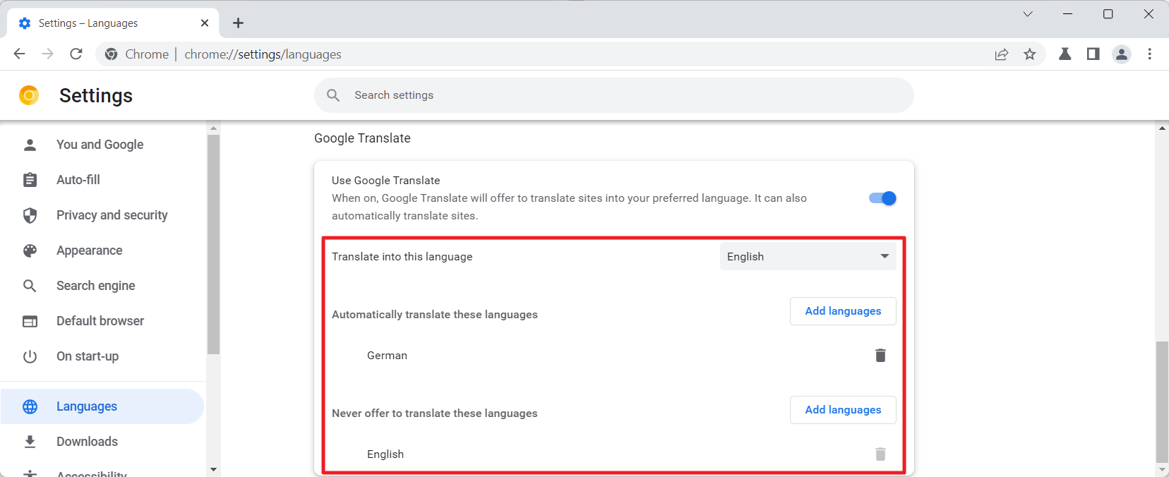 Chrome new translate settings