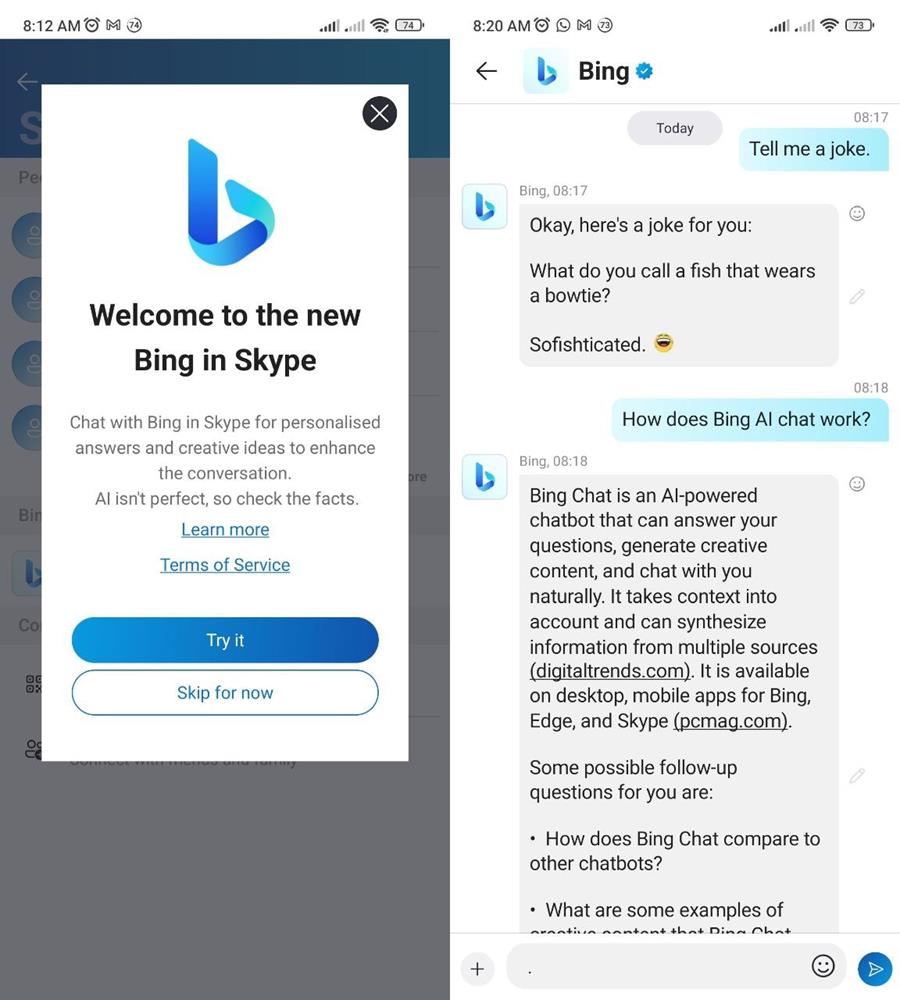 how to use Bing chat in Skype for Android and iOS