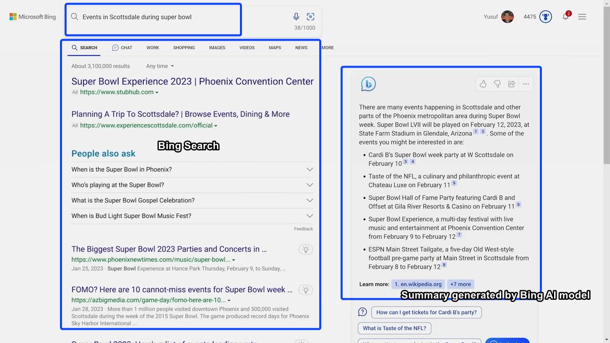 new Bing AI model search experience with summary