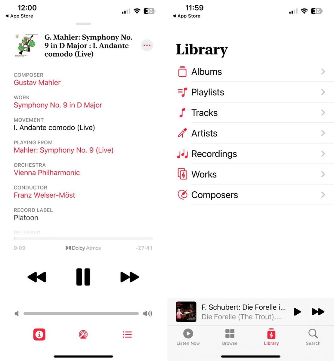 Apple Music Classical now playing and library